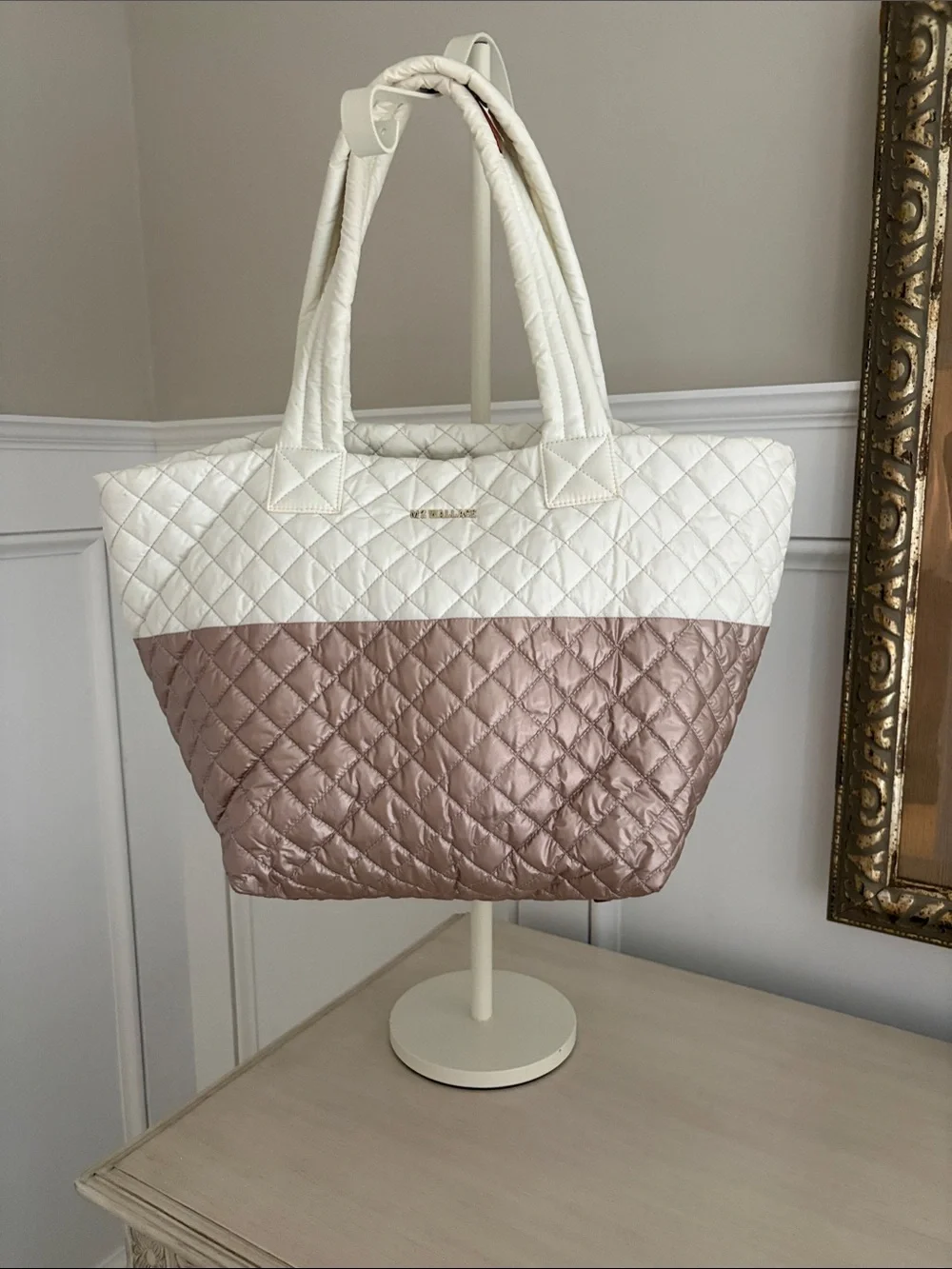 MZ Wallace Quilted Tote in White and Rose Gold
